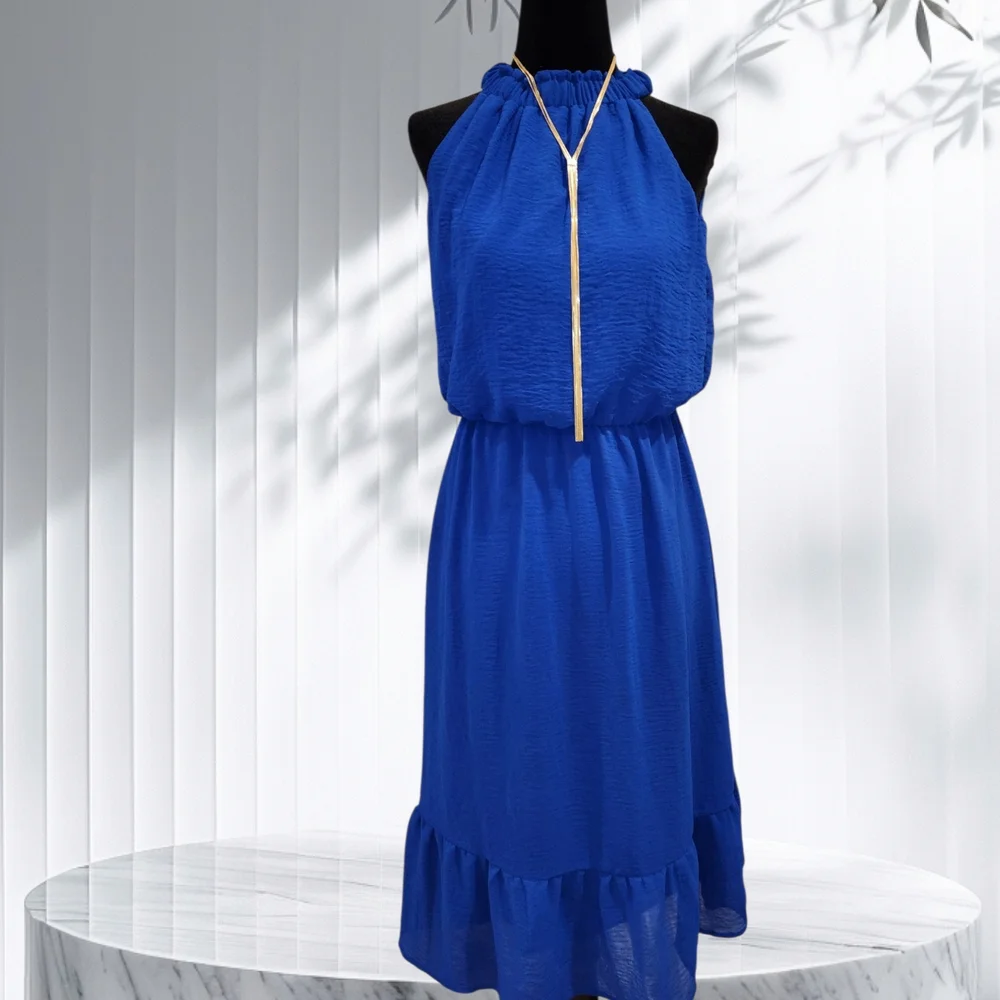 Tacera Blue Halter Tiered Midi Sundress - Picture 1 of 5